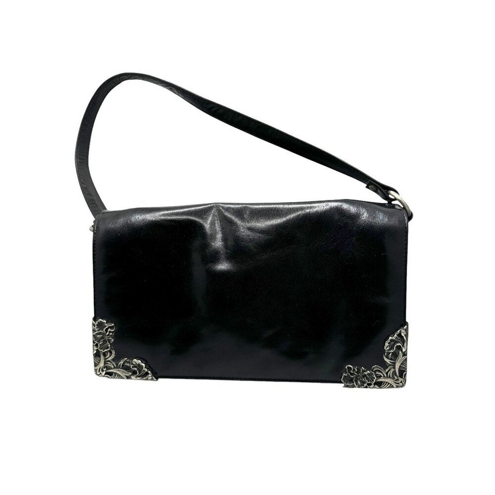 Sorpresa Vintage Black Leather Shoulder Bag With Silver Floral Corner